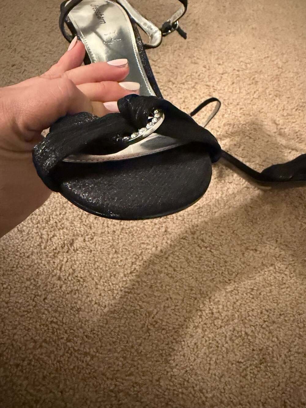 Dressbarn Black Satin Ankle Strap Heels with Rhinestone wedding guest 9 - Picture 5 of 8